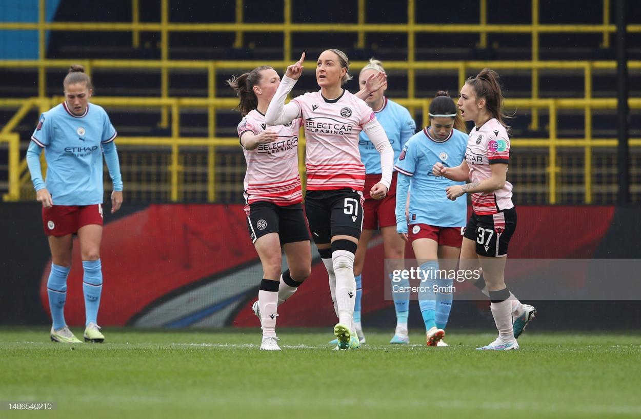 Sanne Troelsgaard of Reading celebrates after scoring the team's first goal during the FA Women's Super League match between Manchester City and Reading at The Academy Stadium on April 30, 2023 in Manchester, England. (Photo by Cameron Smith/Getty Images)