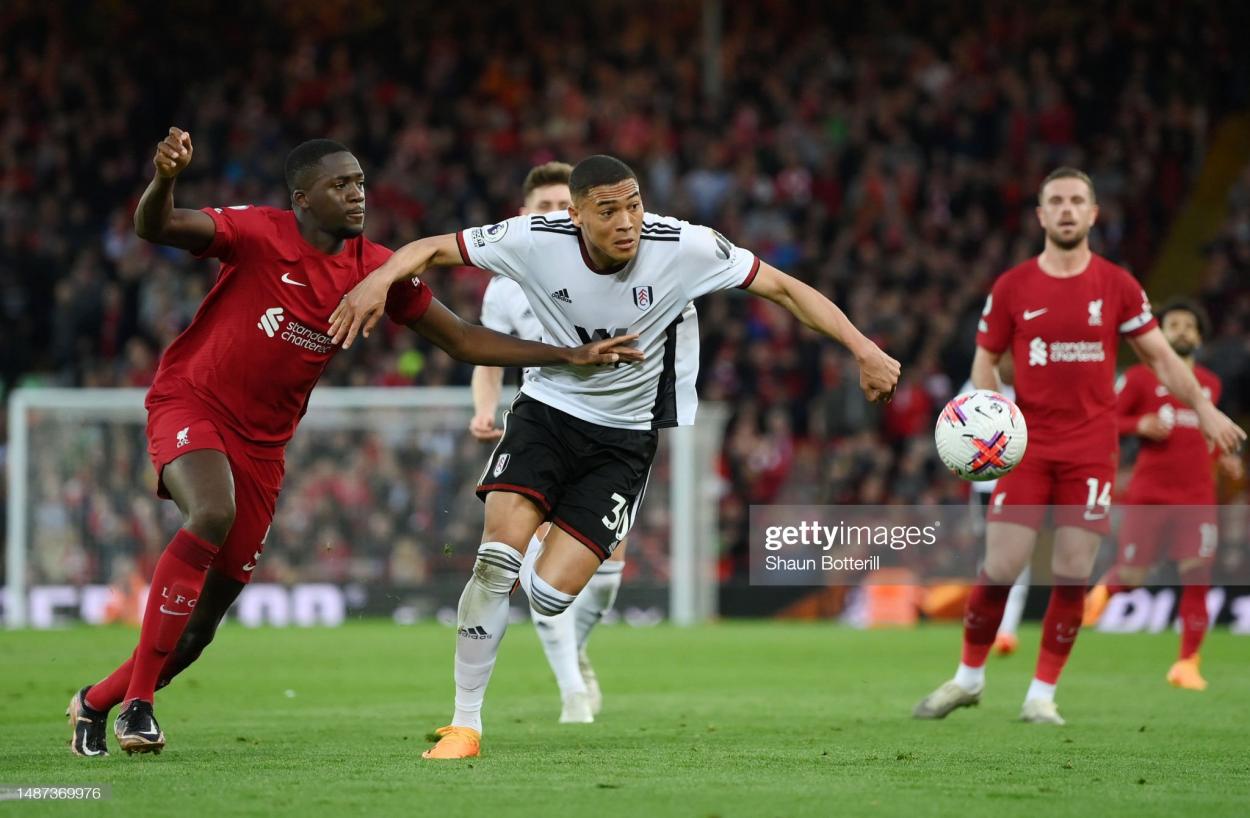 Ibrahima Konate fends of Carlos Vinicius at Anfield (Image by Shaun Botterill/Getty Images)
