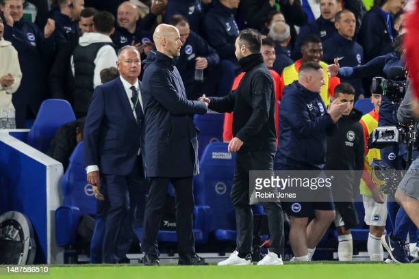 Head Coach's Erik ten Hag of <strong><a  data-cke-saved-href='https://www.vavel.com/en/football/2022/04/10/brighton-hove-albion/1108052-brighton-pegged-by-wondrous-ward-prowse-but-stability-has-been-re-established.html' href='https://www.vavel.com/en/football/2022/04/10/brighton-hove-albion/1108052-brighton-pegged-by-wondrous-ward-prowse-but-stability-has-been-re-established.html'>Manchester United</a></strong> and <strong><a  data-cke-saved-href='https://www.vavel.com/en/football/2023/03/03/brighton-hove-albion/1139419-de-zerbi-we-have-to-improve-in-the-last-20-metres.html' href='https://www.vavel.com/en/football/2023/03/03/brighton-hove-albion/1139419-de-zerbi-we-have-to-improve-in-the-last-20-metres.html'>Roberto De Zerbi</a></strong> of Brighton & Hove Albion after Albion's 1-0 win during the Premier League match between Brighton & Hove Albion and <strong><a  data-cke-saved-href='https://www.vavel.com/en/football/2022/04/10/brighton-hove-albion/1108052-brighton-pegged-by-wondrous-ward-prowse-but-stability-has-been-re-established.html' href='https://www.vavel.com/en/football/2022/04/10/brighton-hove-albion/1108052-brighton-pegged-by-wondrous-ward-prowse-but-stability-has-been-re-established.html'>Manchester United</a></strong> at American Express Community Stadium on May 04, 2023 in Brighton, England. (Photo by Robin Jones/Getty Images)