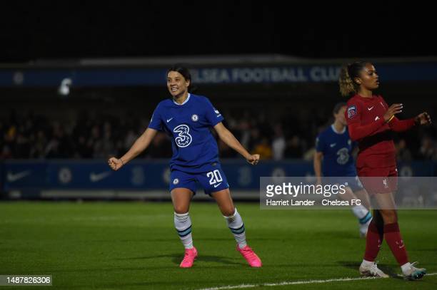 Sam Kerr of Chelsea celebrates after scoring her team's second goal during the FA Women's Super League match between Chelsea and Liverpool at Kingsmeadow on May 03, 2023 in Kingston upon Thames, England. (Photo by Harriet Lander - Chelsea FC/Getty Images)