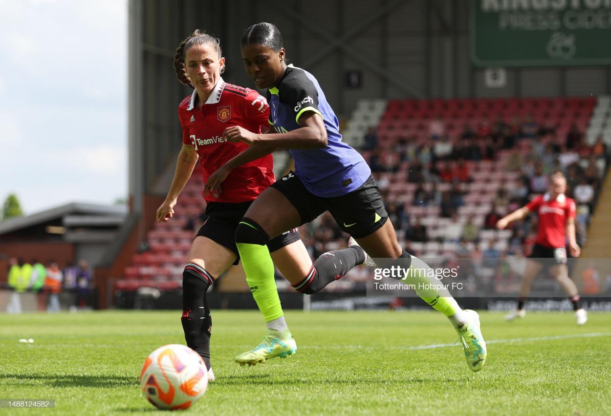 Jessica Naz of Tottenham Hotspur and Ella Toone of Manchester United challenge for the ball during the FA Women's Super League match between Manchester United and Tottenham Hotspur at Leigh Sports Village on May 07, 2023 in Leigh, England. (Photo by Tottenham Hotspur FC/Tottenham Hotspur FC via Getty Images)