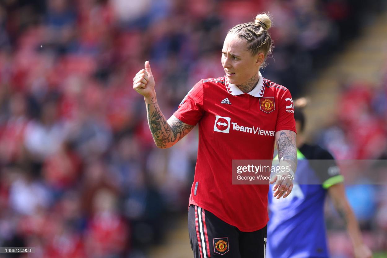 Leah Galton of Manchester United gestures during the FA Women's Super League match between Manchester United and Tottenham Hotspur at Leigh Sports Village on May 07, 2023 in Leigh, England. (Photo by George Wood - The FA/The FA via Getty Images)