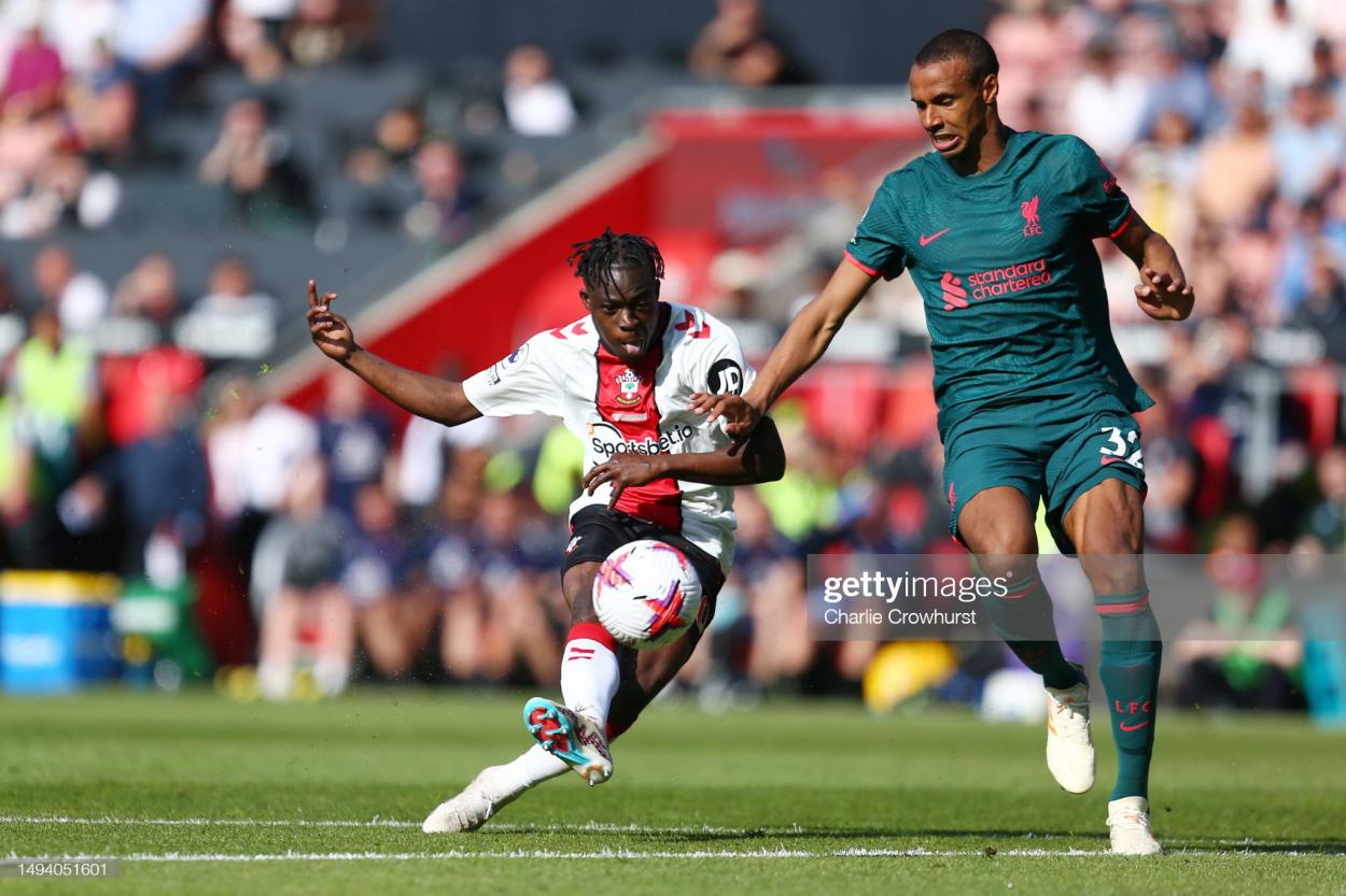 Kamaldeen Sulemana of Southampton scores his side's third goal in their 4-4 Premier League draw with Liverpool
