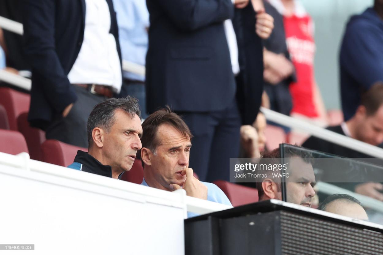 Julien Lopetegui watches on from the stands during Wolves final game of the season due to his one match touchline ban (Photo by Jack Thomas - WWFC/<b><a  data-cke-saved-href='https://www.vavel.com/en/data/wolverhampton-wanderers' href='https://www.vavel.com/en/data/wolverhampton-wanderers'>Wolverhampton Wanderers</a></b> FC via Getty Images)