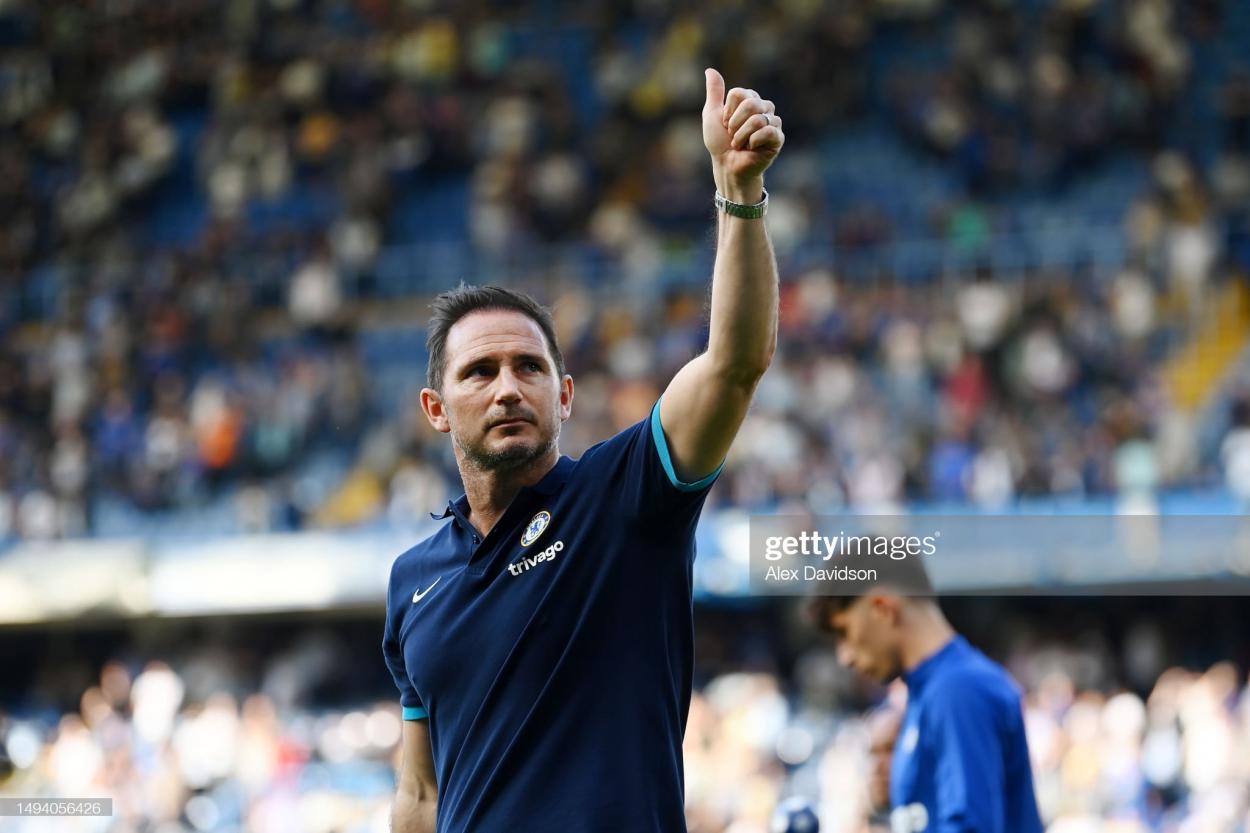 Frank Lampard, Caretaker Manager of Chelsea, acknowledges the fans after his final game in charge. (Photo by Alex Davidson/Getty Images)