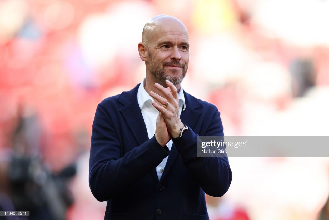 Erik ten Hag, Manager of <strong><a  data-cke-saved-href='https://www.vavel.com/en/football/2023/05/27/womens-football/1147853-liverpool-0-1-manchester-united-united-win-on-final-day-but-miss-out-on-title.html' href='https://www.vavel.com/en/football/2023/05/27/womens-football/1147853-liverpool-0-1-manchester-united-united-win-on-final-day-but-miss-out-on-title.html'>Manchester United</a></strong>, applauds the fans after the final whistle of the <strong><a  data-cke-saved-href='https://www.vavel.com/en/football/2023/05/26/everton/1147741-suffering-or-salvation-evertons-fate-hangs-in-the-balance.html' href='https://www.vavel.com/en/football/2023/05/26/everton/1147741-suffering-or-salvation-evertons-fate-hangs-in-the-balance.html'>Premier League</a></strong> match between <strong><a  data-cke-saved-href='https://www.vavel.com/en/football/2023/05/27/womens-football/1147853-liverpool-0-1-manchester-united-united-win-on-final-day-but-miss-out-on-title.html' href='https://www.vavel.com/en/football/2023/05/27/womens-football/1147853-liverpool-0-1-manchester-united-united-win-on-final-day-but-miss-out-on-title.html'>Manchester United</a></strong> and Fulham FC at Old Trafford. (Photo by Nathan Stirk/Getty Images)