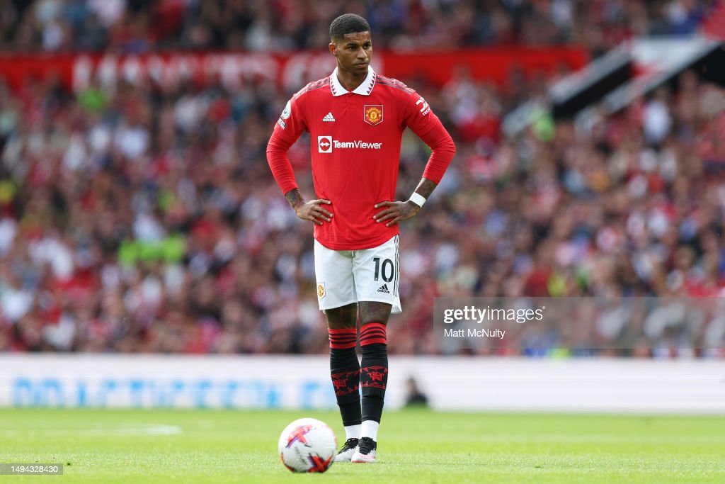 MANCHESTER, ENGLAND - MAY 28: Marcus Rashford of Manchester United prepares to take a free kick during the Premier League match between Manchester United and Fulham FC at Old Trafford on May 28, 2023 in Manchester, England. (Photo by Matt McNulty/Getty Images)