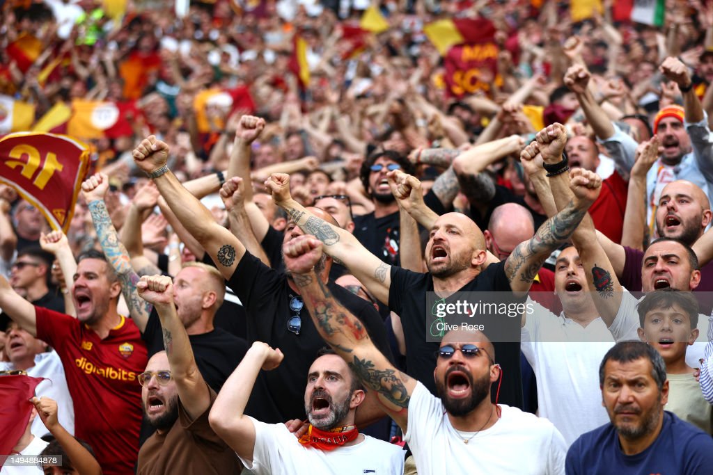 BUDAPEST, HUNGARY - MAY 31: Fans of AS Roma enjoy the pre-match atmosphere prior to the UEFA Europa League 2022/23 final match between Sevilla FC and AS Roma at Puskas Arena on May 31, 2023 in Budapest, Hungary. (Photo by Clive Rose/Getty Images)
