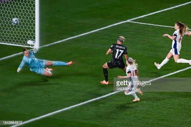 New Zealand forward Hannah WIlkinson beats Norway goalkeeper Aurora Mikalsen for the only goal of the match in the opening game of the 2023 Women's World Cup/Photo: Saeed Khan/AFP/Getty Images