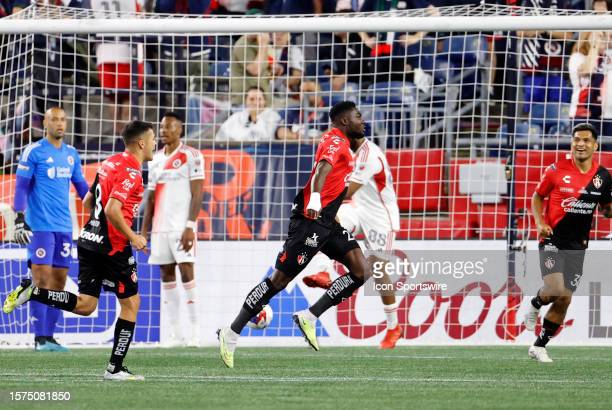 Jordy Caicedo celebrates after giving Atlas a two-goal lead/Photo: Fred Kfoury III/Iconsportswire via Getty Images