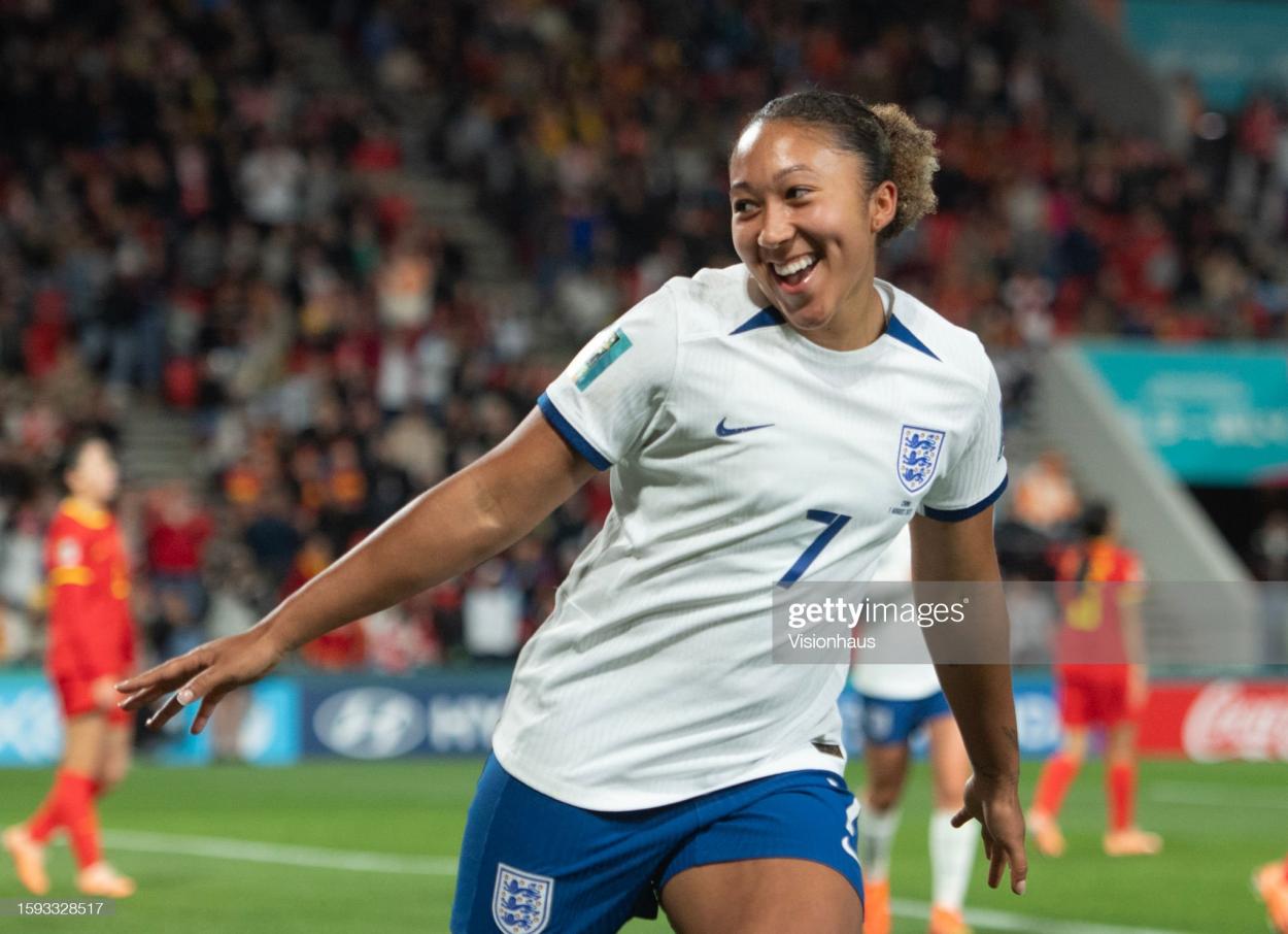 ADELAIDE, AUSTRALIA - AUGUST 01: Lauren James of England celebrates scoring during the FIFA Women's <strong><a  data-cke-saved-href='https://www.vavel.com/en/football/2023/08/15/womens-football/1153456-tony-gustavsson-tough-decisions-have-to-be-made-about-team-selection-before-australia-face-england-in-world-cup-semi-final.html' href='https://www.vavel.com/en/football/2023/08/15/womens-football/1153456-tony-gustavsson-tough-decisions-have-to-be-made-about-team-selection-before-australia-face-england-in-world-cup-semi-final.html'>World Cup</a></strong> Australia & New Zealand 2023 Group D match between China and England at Hindmarsh Stadium on August 1, 2023 in Adelaide, Australia. (Photo by Joe Prior/Visionhaus via Getty Images)