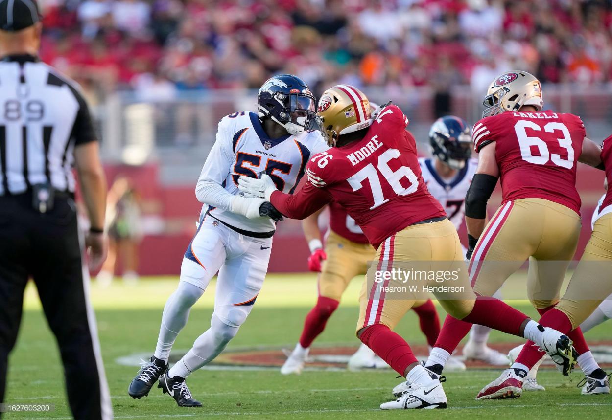  Frank Clark #5 of the Denver Broncos rushes up against Jaylon Moore #76 of the San Francisco 49ers during the second quarter at Levi's Stadium on August 19, 2023 in Santa Clara, California. (Photo by Thearon W. Henderson/Getty Images)