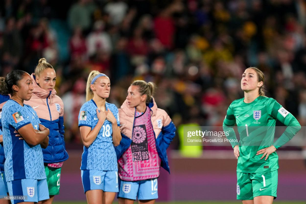 SYDNEY, AUSTRALIA - AUGUST 20: Lauren James #7 of England, Chloe Kelly #18 of England, Jordan Nobbs #12 of England and Mary Earps #1 of England looks dejected and disappointed after their loss after the FIFA Women's World Cup Australia & New Zealand 2023 Final game between England and Spain at Stadium Australia on August 20, 2023 in Sydney, Australia. (Photo by Daniela Porcelli/ISI Photos/Getty Images)