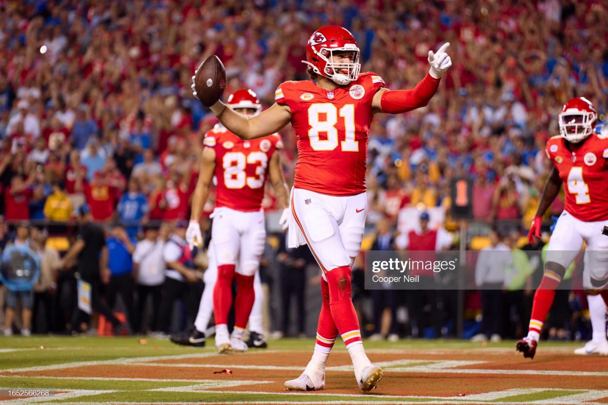 Blake Bell #81 of the Kansas City Chiefs celebrates after scoring a touchdown against the Detroit Lions during the first half at GEHA Field at Arrowhead Stadium on September 7, 2023 in Kansas City, Missouri. (Photo by Cooper Neill/Getty Images)
