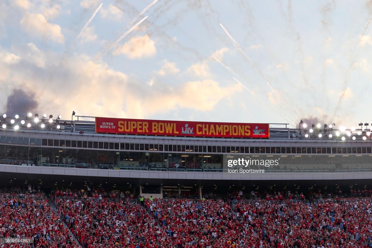 The Kansas City Chiefs unveil a Super Bowl Champion banner high above the stadium before an NFL game between the Detroit Lions and Kansas City Chiefs on Sep 7, 2023 at GEHA Field at Arrowhead Stadium in Kansas City, MO. (Photo by Scott Winters/Icon Sportswire via Getty Images)