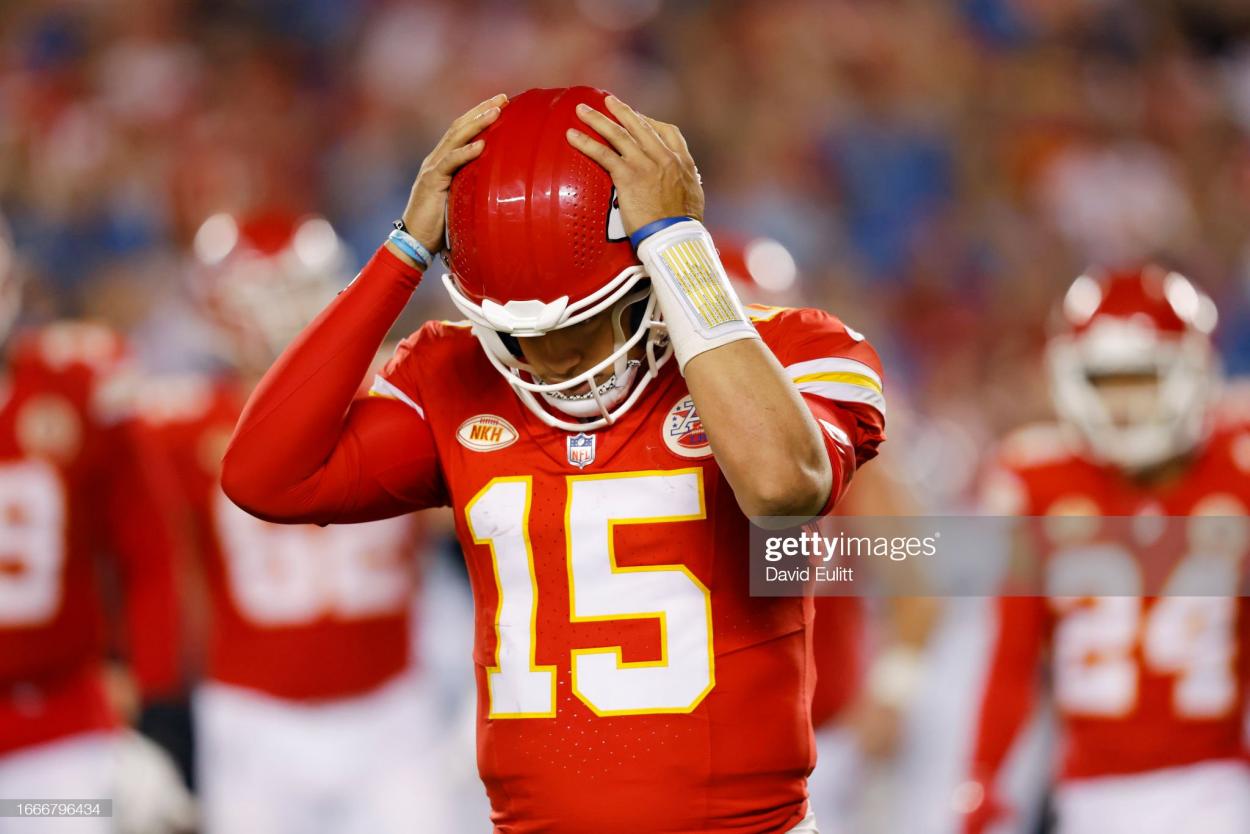 Patrick Mahomes #15 of the Kansas City Chiefs reacts in the final plays of the fourth quarter against the Detroit Lions at GEHA Field at Arrowhead Stadium on September 07, 2023 in Kansas City, Missouri. (Photo by David Eulitt/Getty Images)