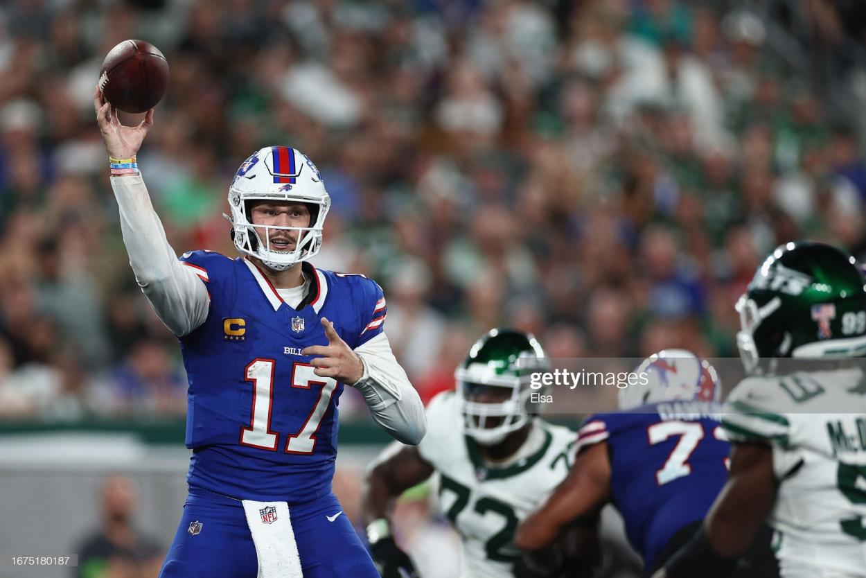 Quarterback Josh Allen #17 of the Buffalo Bills throws a pass during the fourth quarter of the NFL game against the New York Jets at MetLife Stadium on September 11, 2023 in East Rutherford, New Jersey. (Photo by Elsa/Getty Images)