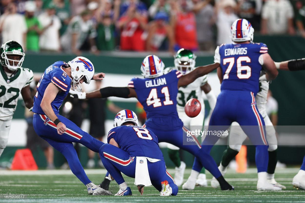 Place kicker Tyler Bass #2 of the Buffalo Bills kicks a game tying 50-yard field goal against the New York Jets during the fourth quarter of the NFL game at MetLife Stadium on September 11, 2023 in East Rutherford, New Jersey. (Photo by Elsa/Getty Images)