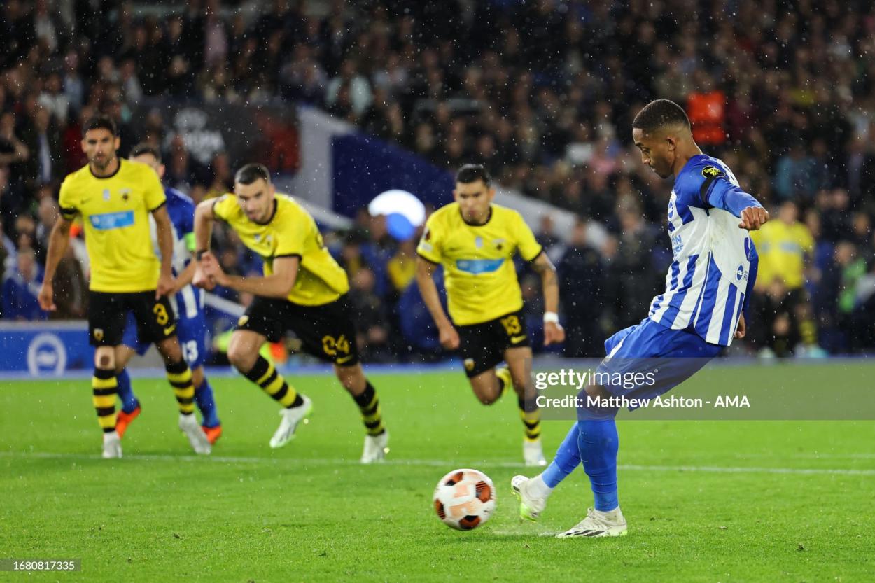 Joao Pedro of Brighton and Hove Albion scores a goal to make it 2-2 during the UEFA Europa League Group B match between Brighton & Hove Albion and AEK Athens at American Express Community Stadium on September 21, 2023 in Brighton, England. (Photo by Matthew Ashton - AMA/Getty Images)