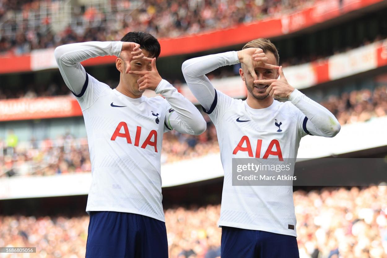LONDON, ENGLAND - SEPTEMBER 24: Son Heung-min of Tottenham Hotspur celebrates scoring his 2nd goal with James Maddison during the <b><a  data-cke-saved-href='https://www.vavel.com/en/data/premier-league' href='https://www.vavel.com/en/data/premier-league'>Premier League</a></b> match between Arsenal FC and Tottenham Hotspur at Emirates Stadium on September 24, 2023 in London, England. (Photo by Marc Atkins/Getty Images)