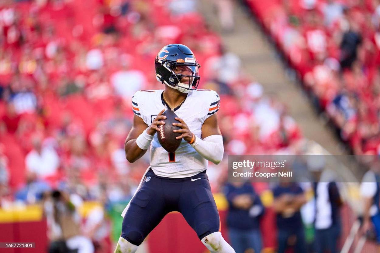 Justin Fields #1 of the Chicago Bears drops back to pass against the Kansas City Chiefs during the second half at GEHA Field at Arrowhead Stadium on September 24, 2023 in Kansas City, Missouri. (Photo by Cooper Neill/Getty Images)