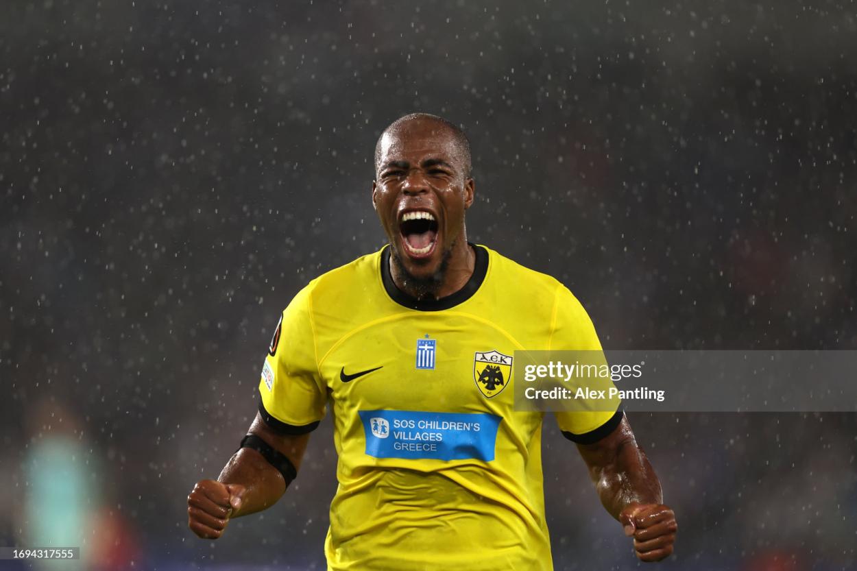 Djibril Sidibe of AEK Athens celebrates victory during the UEFA Europa League 2023/24 group stage match between Brighton & Hove Albion and AEK Athens FC at American Express Community Stadium on September 21, 2023 in Brighton, England. (Photo by Alex Pantling/Getty Images)