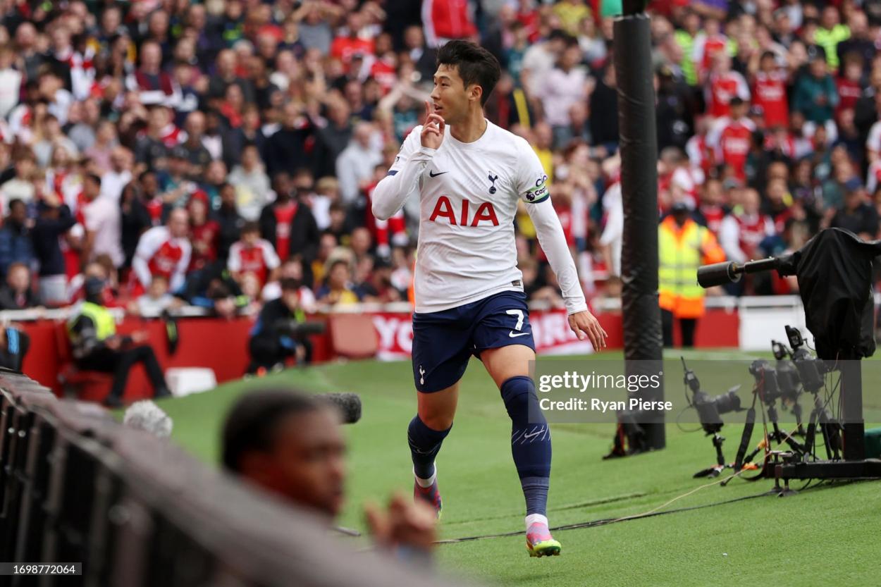LONDON, ENGLAND - SEPTEMBER 24: Heung-Min Son of Tottenham Hotspur celebrates after scoring the team's second goal during the Premier League match between Arsenal FC and Tottenham Hotspur at Emirates Stadium on September 24, 2023 in London, England. (Photo by Ryan Pierse/Getty Images)