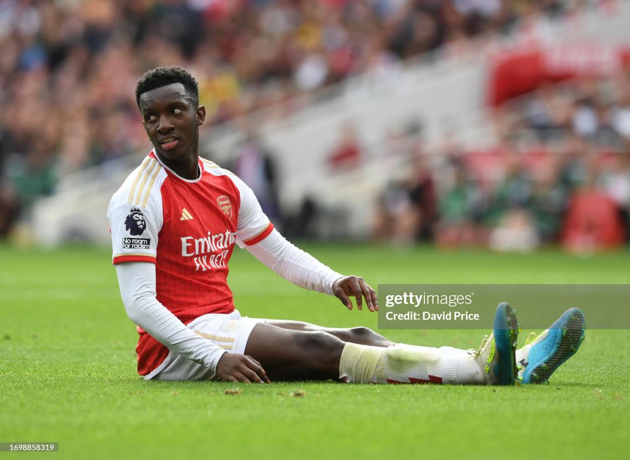 LONDON, ENGLAND - SEPTEMBER 24: Eddie Nketiah of Arsenal during the <strong><a  data-cke-saved-href='https://www.vavel.com/en/football/2023/09/23/premier-league/1157020-burnley-0-1-man-utd-fernandess-sweet-volley-secures-man-utd-win-away-to-burnley.html' href='https://www.vavel.com/en/football/2023/09/23/premier-league/1157020-burnley-0-1-man-utd-fernandess-sweet-volley-secures-man-utd-win-away-to-burnley.html'>Premier League</a></strong> match between Arsenal FC and Tottenham Hotspur at Emirates Stadium on September 24, 2023 in London, England. (Photo by David Price/Arsenal FC via Getty Images)