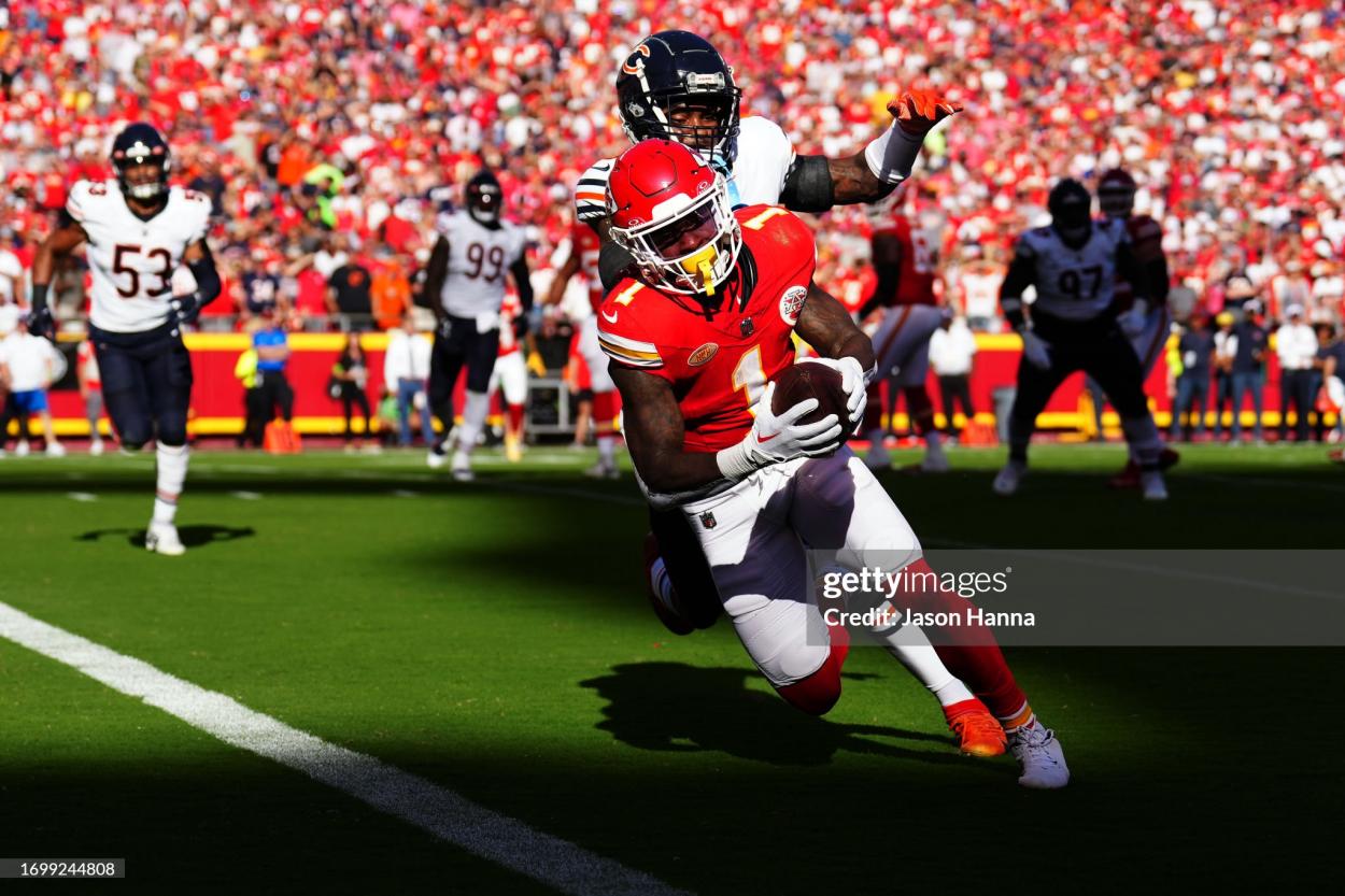 Jerick McKinnon #1 of the Kansas City Chiefs scores a touchdown in the second quarter of a game against the Chicago Bears at GEHA Field at Arrowhead Stadium on September 24, 2023 in Kansas City, Missouri. (Photo by Jason Hanna/Getty Images)