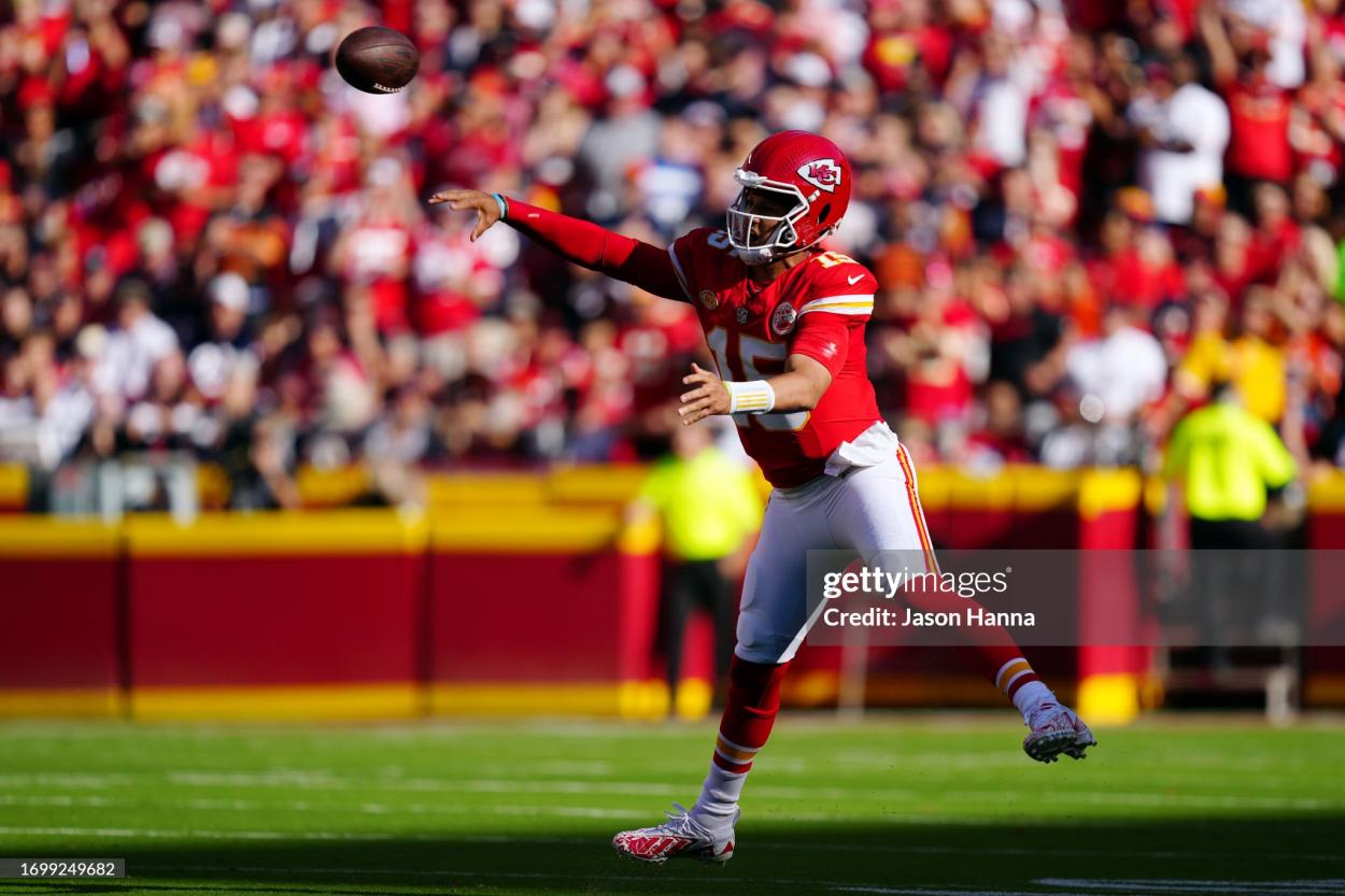  Patrick Mahomes #15 of the Kansas City Chiefs throws a pass in the second quarter of a game against the Chicago Bears at GEHA Field at Arrowhead Stadium on September 24, 2023 in Kansas City, Missouri. (Photo by Jason Hanna/Getty Images)