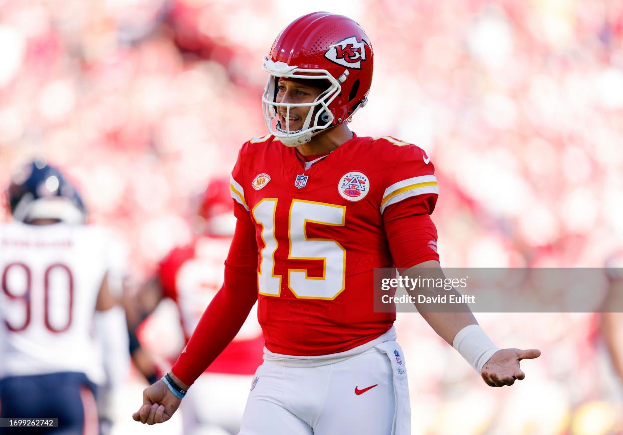 Patrick Mahomes #15 of the Kansas City Chiefs reacts to a call from game officials in the second quarter of a game against the Chicago Bears at GEHA Field at Arrowhead Stadium on September 24, 2023 in Kansas City, Missouri. (Photo by David Eulitt/Getty Images)