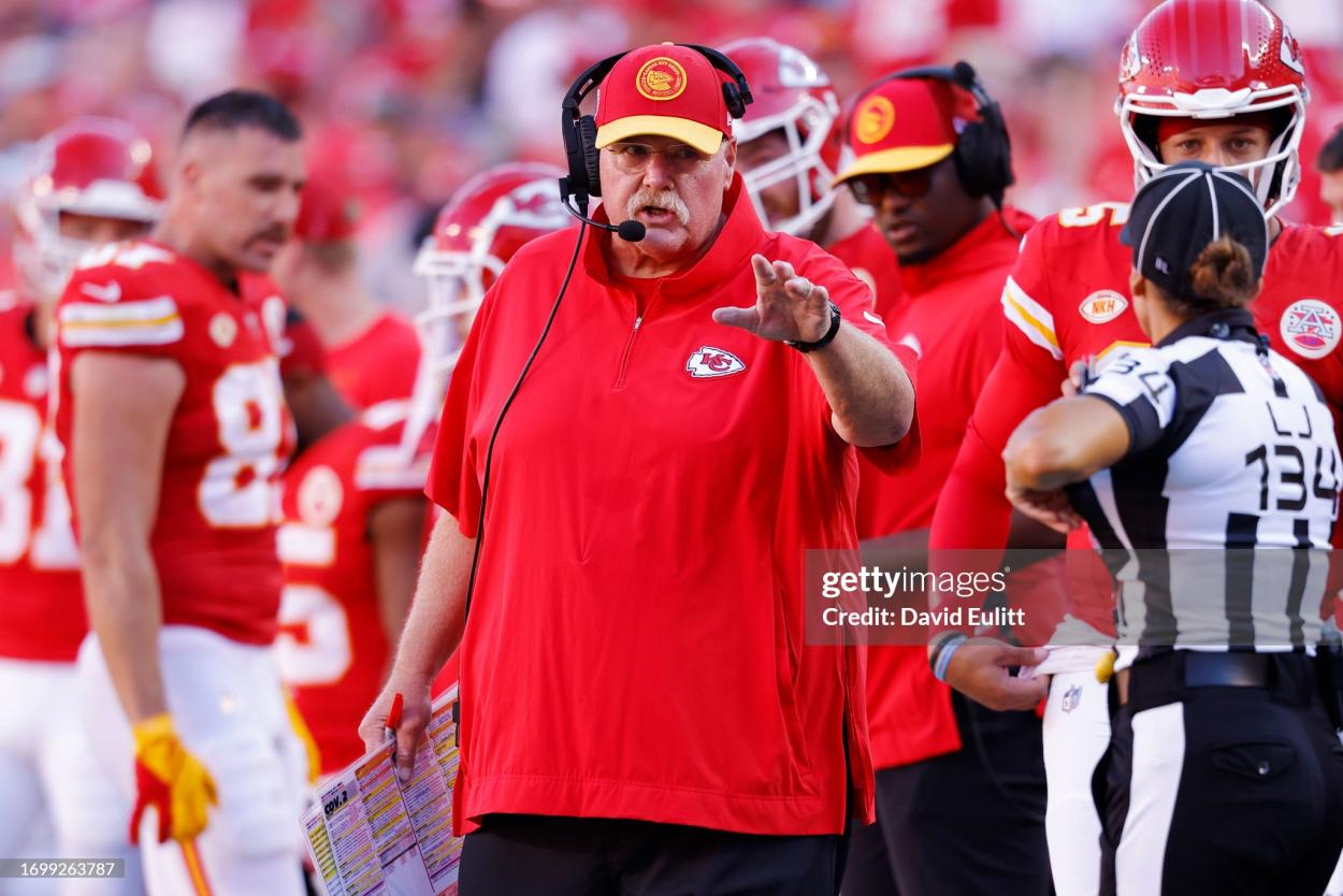 Head coach Andy Reid of the Kansas City Chiefs looks on in the second quarter of a game against the Chicago Bears at GEHA Field at Arrowhead Stadium on September 24, 2023 in Kansas City, Missouri. (Photo by David Eulitt/Getty Images)