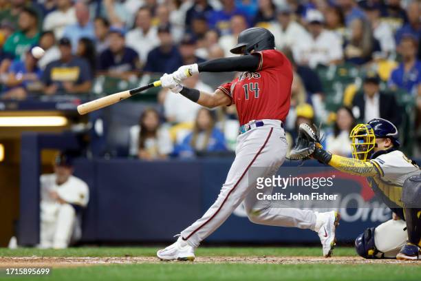 Gabriel Moreno hits the home run that put Arizona ahead to stay in the top of the fourth inning/Photo: John Fisher/Getty Images