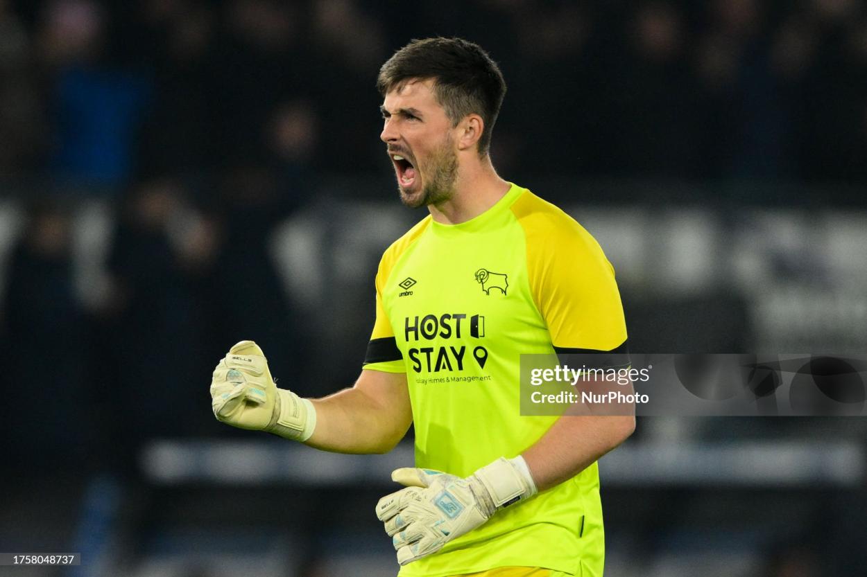 Joe Wildsmith of Derby County celebrates after his side scores a goal to make it 1-0 during the Sky Bet League 1 match between Derby County and Northampton Town at the Pride Park, Derby on Tuesday 31st October 2023. (Photo by Jon Hobley/MI News/NurPhoto via Getty Images)