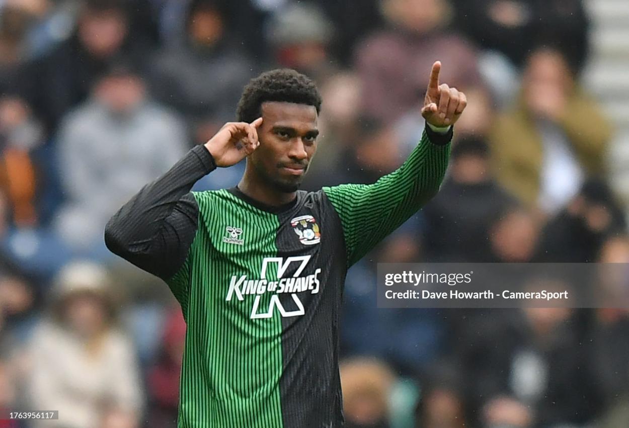Haji Wright after scoring his sides first goal against Preston (Photo by Dave Howarth - CameraSport via Getty Images)