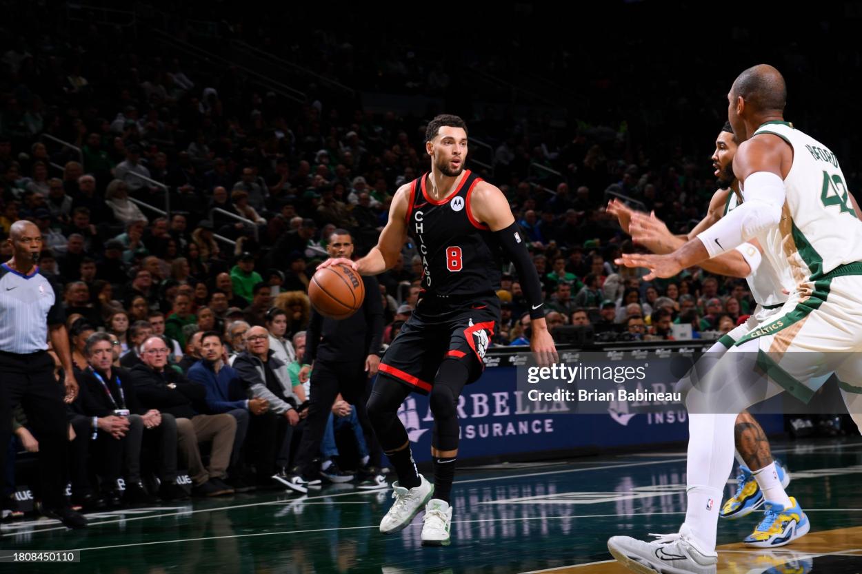 LaVine in action against the Boston Celtics (Photo by Brian Babineau/NBAE via Getty Images)
