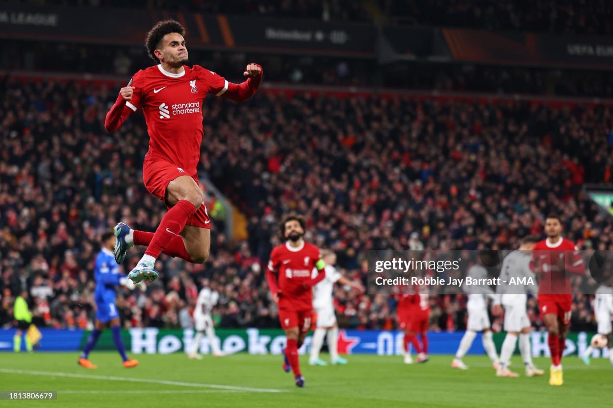 Luis Díaz of Liverpool celebrates after scoring his side's first goal in their 4-0 Europa League victory over LASK (Photo by Robbie Jay Barratt - AMA/Getty Images)