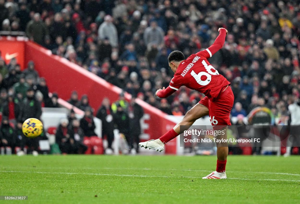 Alexander-Arnold strikes the free-kick that opened the scoring (Photo: Nick Taylor/Liverpool FC via GETTY Images)