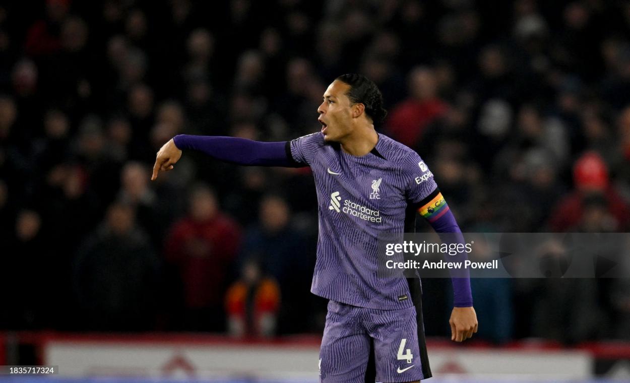 Liverpool captain Virgil van Dijk during his side's 2-0 <strong><a  data-cke-saved-href='https://www.vavel.com/en/football/2023/12/07/premier-league/1165410-four-thingswe-learnt-from-brightons-dominant-2-1-win-over-brentford.html' href='https://www.vavel.com/en/football/2023/12/07/premier-league/1165410-four-thingswe-learnt-from-brightons-dominant-2-1-win-over-brentford.html'>Premier League</a></strong> win over Sheffield United (Photo by Andrew Powell/Liverpool FC via Getty Images)