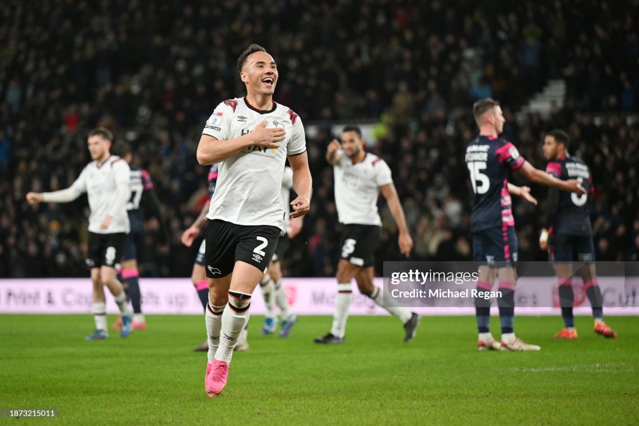 Kane Wilson celebrating making it 2-1 to Derby, 21st December 2023, (Photo by Michael Regan/Getty Images)
