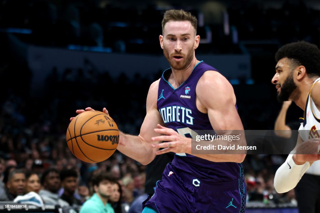 CHARLOTTE, NORTH CAROLINA - DECEMBER 23: Gordon Hayward #20 of the Charlotte Hornets drives to the basket during the first half of an NBA game against the Denver Nuggets at Spectrum Center on December 23, 2023 in Charlotte, North Carolina. NOTE TO USER: User expressly acknowledges and agrees that, by downloading and or using this photograph, User is consenting to the terms and conditions of the Getty Images License Agreement. (Photo by David Jensen/Getty Images)
