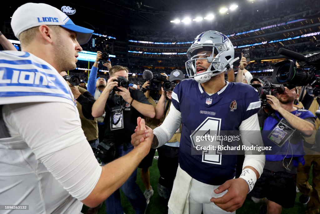 ARLINGTON, TEXAS - DECEMBER 30: Jared Goff #16 of the Detroit Lions congratulates Dak Prescott #4 of the Dallas Cowboys after the game at AT&T Stadium on December 30, 2023 in Arlington, Texas. (Photo by Richard Rodriguez/Getty Images)