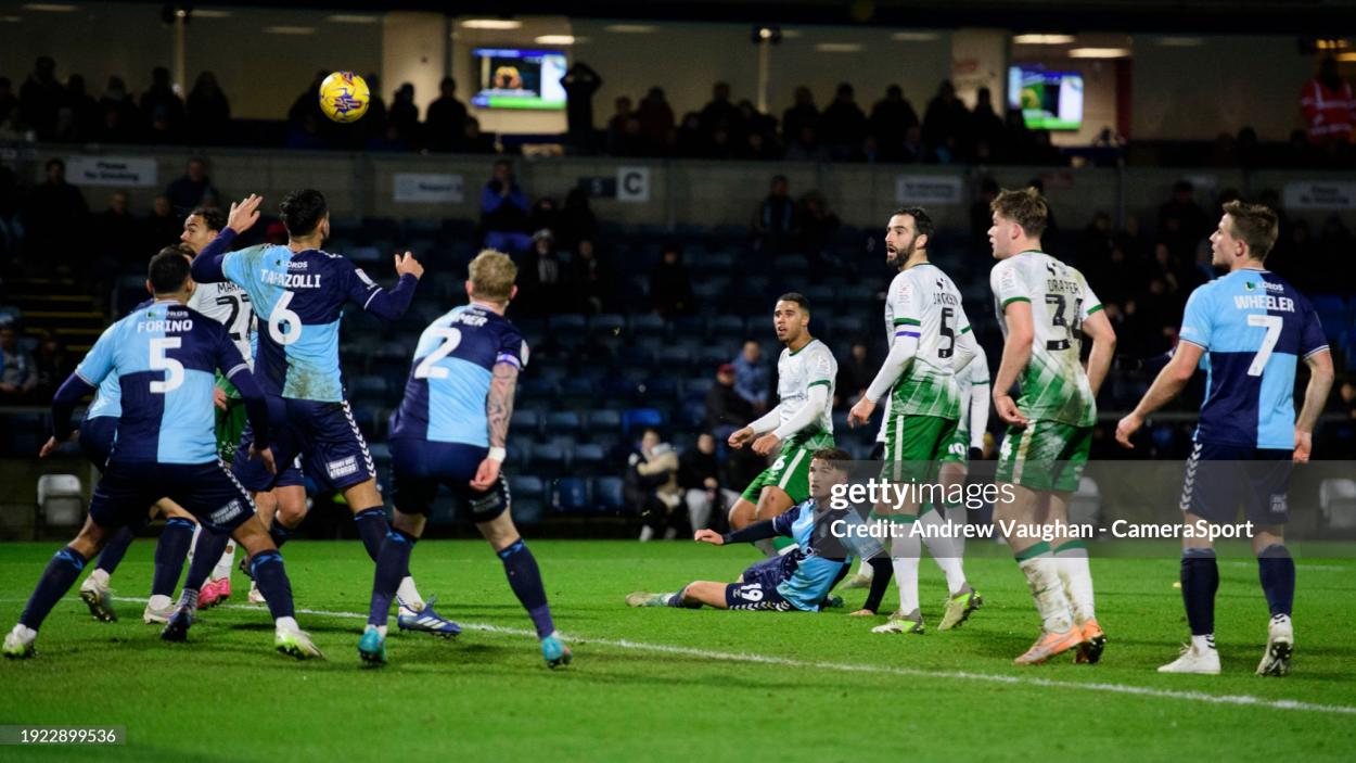 Ethan Erhahon equalising for Lincoln against Wycombe, 13th January 2024, (Photo by Andrew Vaughan - CameraSport via Getty Images)