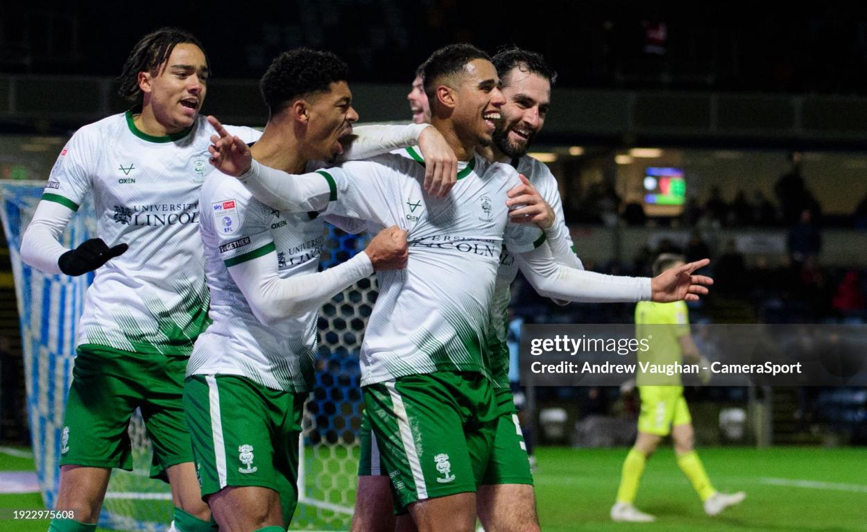 Ethan Erhahon celebrates equaliser against Wycombe with teammates, 13th Jan 2024, (Photo by Andrew Vaughan - CameraSport via Getty Images)