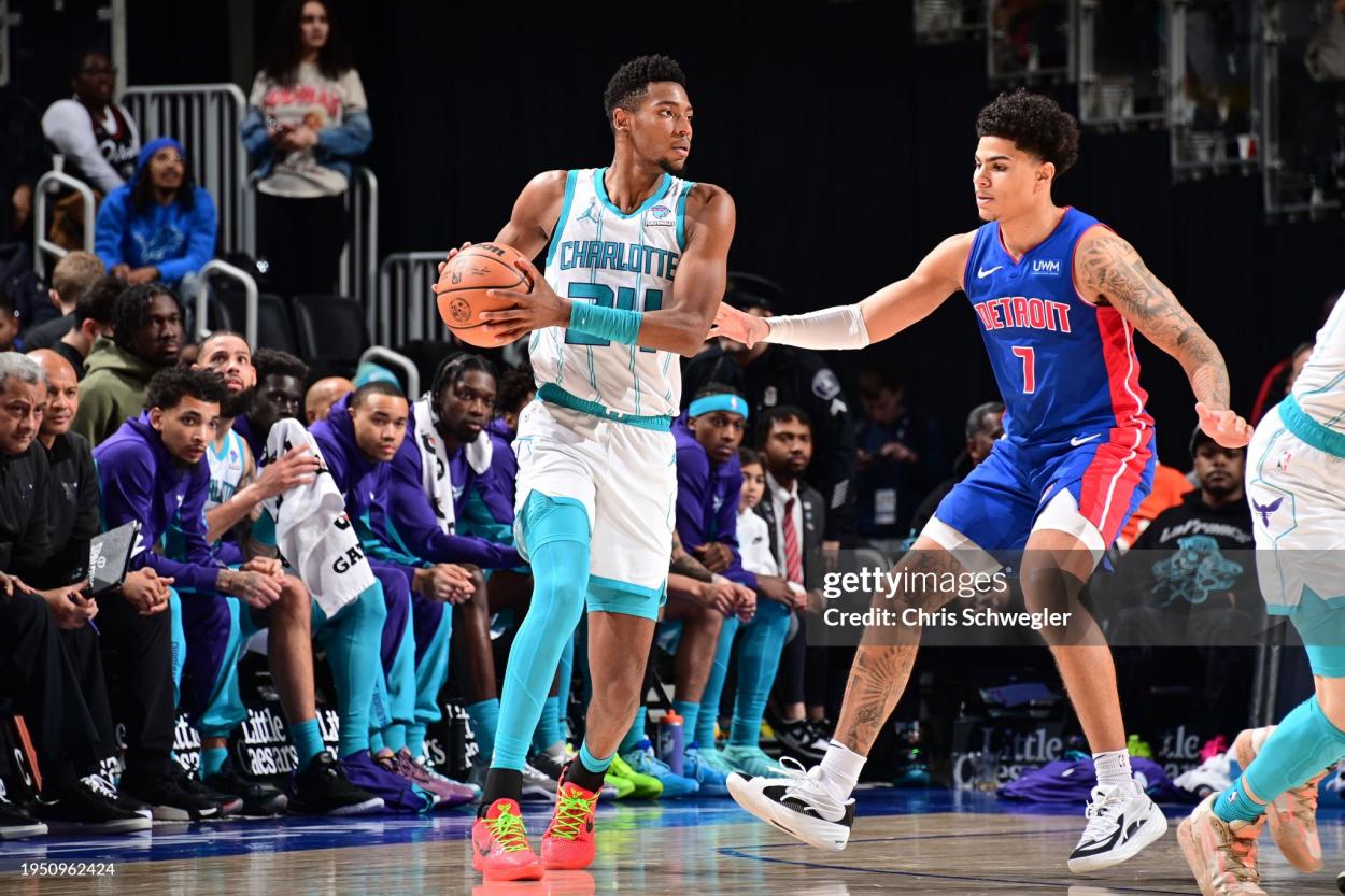 DETROIT, MI - JANUARY 24: Brandon Miller #24 of the Charlotte Hornets handles the ball during the game against the Detroit Pistons on January 24, 2024 at Little Caesars Arena in Detroit, Michigan. NOTE TO USER: User expressly acknowledges and agrees that, by downloading and/or using this photograph, User is consenting to the terms and conditions of the Getty Images License Agreement. Mandatory Copyright Notice: Copyright 2024 NBAE (Photo by Chris Schwegler/NBAE via Getty Images)