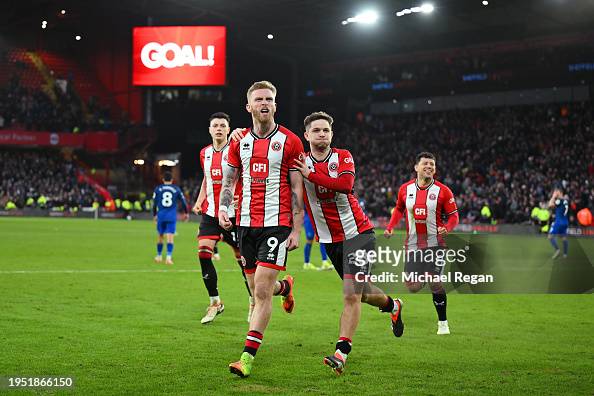 Oliver McBurnie of <strong><a  data-cke-saved-href='https://www.vavel.com/en-us/soccer/2023/08/18/1153609-nottingham-forest-vs-sheffield-united-preview-how-to-watch-team-news-predicted-lineups-kickoff-time-and-ones-to-watch.html' href='https://www.vavel.com/en-us/soccer/2023/08/18/1153609-nottingham-forest-vs-sheffield-united-preview-how-to-watch-team-news-predicted-lineups-kickoff-time-and-ones-to-watch.html'>Sheffield United</a></strong> celebrates scoring his team's second goal from the penalty spot. Photo: Michael Regan, gettyimages