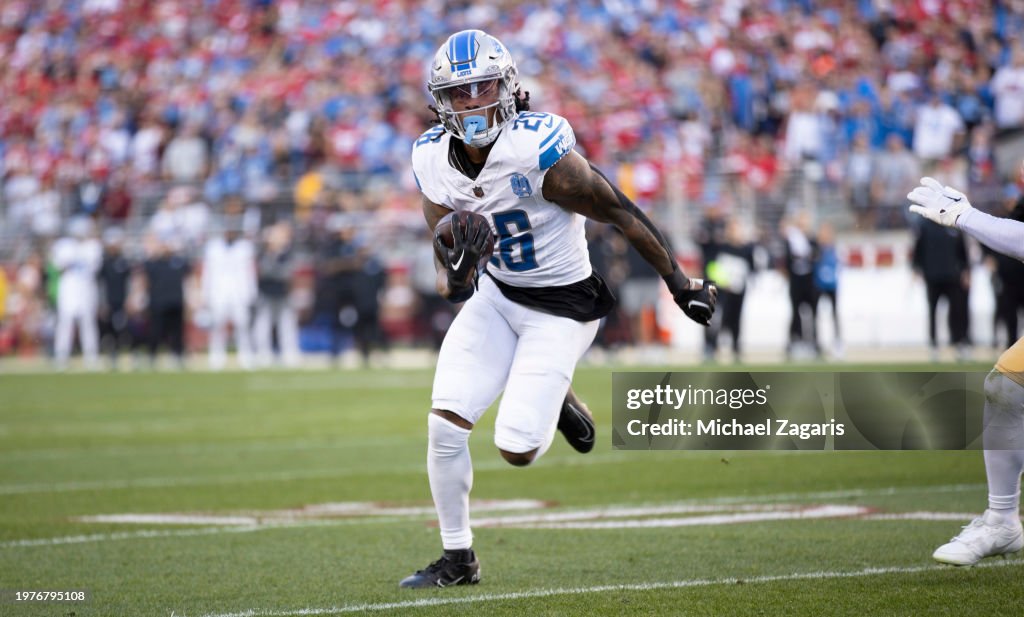 SANTA CLARA, CA - JANUARY 28: Jahmyr Gibbs #26 of the Detroit Lions rushes during the NFC Championship game against the San Francisco 49ers at Levi's Stadium on January 28, 2024 in Santa Clara, California. The 49ers defeated the Lions 34-31. (Photo by Michael Zagaris/San Francisco 49ers/Getty Images)