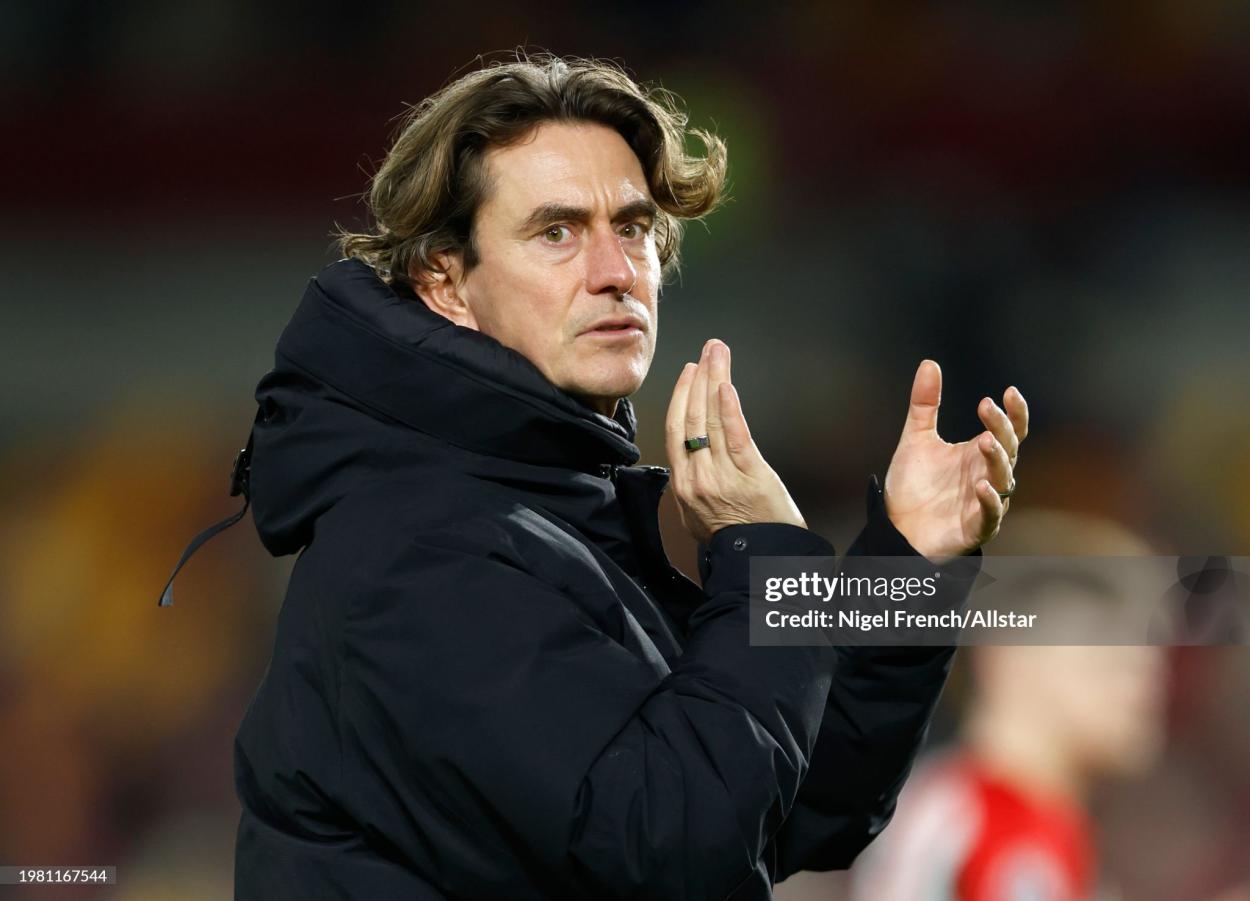 BRENTFORD, ENGLAND - FEBRUARY 5: Thomas Frank, Manager of Brentford applauds the fans after the <strong><a  data-cke-saved-href='https://www.vavel.com/en/football/2023/12/03/manchester-city/1165162-four-things-we-learnt-as-spurs-hold-city-to-a-3-3-draw.html' href='https://www.vavel.com/en/football/2023/12/03/manchester-city/1165162-four-things-we-learnt-as-spurs-hold-city-to-a-3-3-draw.html'>Premier League</a></strong> match between Brentford FC and <b><a  data-cke-saved-href='https://www.vavel.com/en/data/manchester-city' href='https://www.vavel.com/en/data/manchester-city'>Manchester City</a></b> at Brentford Community Stadium on February 5, 2024 in Brentford, United Kingdom. (Photo by Nigel French/Sportsphoto/Allstar via Getty Images)