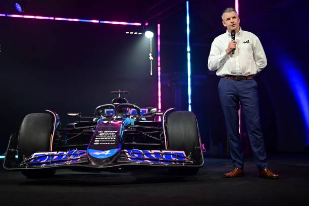 BWT Alpine Technical Director Matt Harman presents the new BWT Alpine Racing A524 Formula One racing car during the Alpine team's 2024 season launch, in Enstone, central England, on February 7, 2024. (Photo by Ben Stansall / AFP) (Photo by BEN STANSALL/AFP via Getty Images)