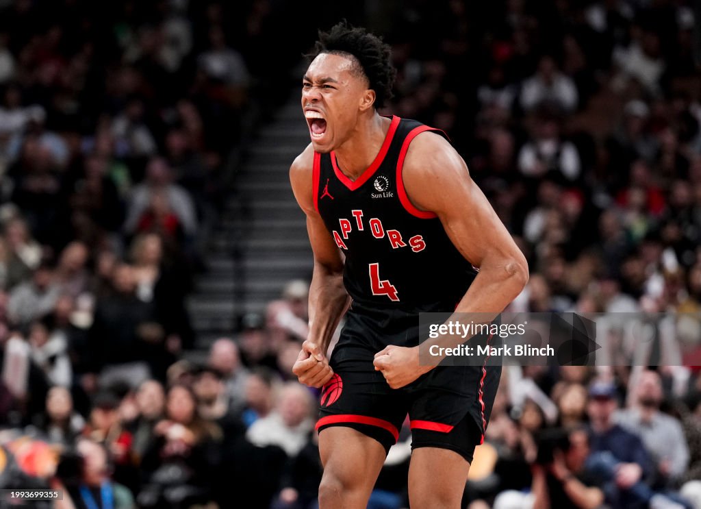 TORONTO, ON - FEBRUARY 10: Scottie Barnes #4 of the <strong><a  data-cke-saved-href='https://www.vavel.com/en-us/nba/2024/02/01/1170822-the-resurgence-of-the-new-york-knicks.html' href='https://www.vavel.com/en-us/nba/2024/02/01/1170822-the-resurgence-of-the-new-york-knicks.html'>Toronto Raptors</a></strong> celebrates against the <strong><a  data-cke-saved-href='https://www.vavel.com/en-us/nba/2024/01/12/1168393-adam-silver-we-could-come-back-to-paris-for-multiple-games.html' href='https://www.vavel.com/en-us/nba/2024/01/12/1168393-adam-silver-we-could-come-back-to-paris-for-multiple-games.html'>Cleveland Cavaliers</a></strong> during the second half of their basketball game at the Scotiabank Arena on February 10, 2024 in Toronto, Ontario, Canada. NOTE TO USER: User expressly acknowledges and agrees that, by downloading and/or using this Photograph, user is consenting to the terms and conditions of the Getty Images License Agreement. (Photo by Mark Blinch/Getty Images)